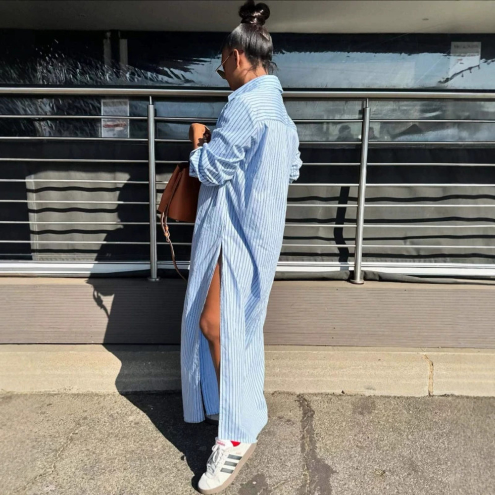 ZARA African Plus Size Striped Shirt Collar Cardigan Dress Long Loose Casual